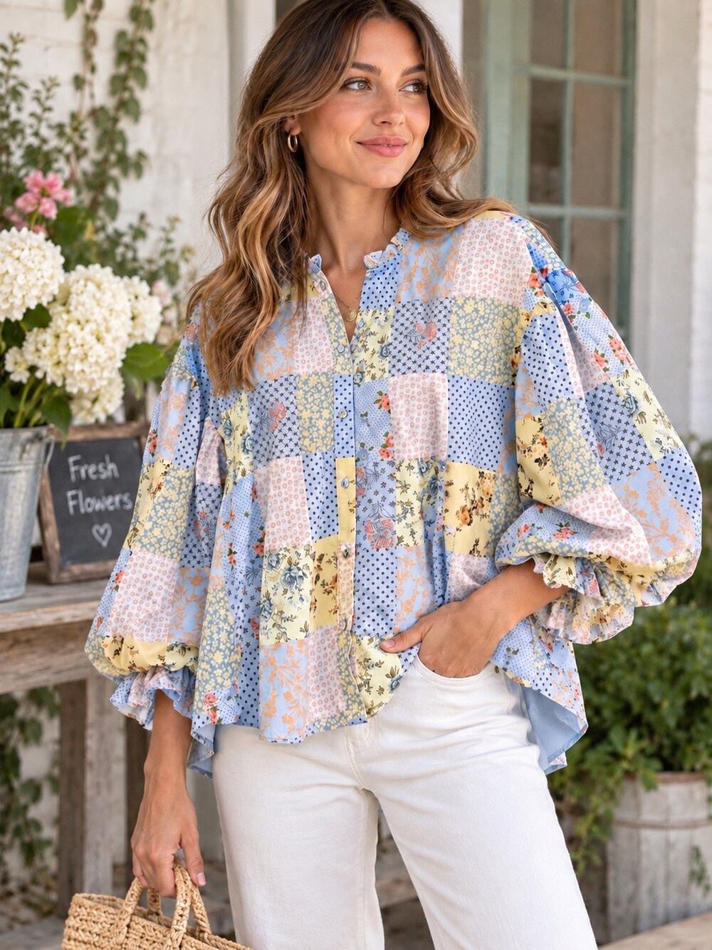 Shop the Mint Patchwork Floral Cottagecore Babydoll Blouse Puff Sleeve L